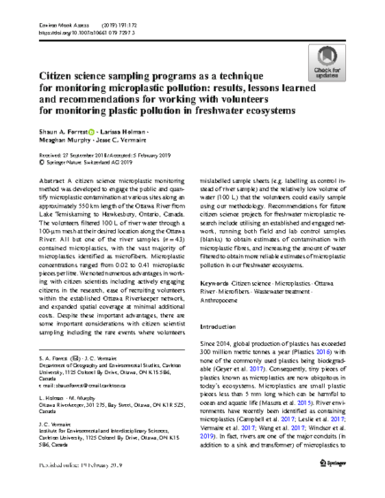 Citizen science sampling programs as a technique for monitoring microplastic pollution: results, lessons learned and recommendations for working with volunteers for monitoring plastic pollution in freshwater ecosystems