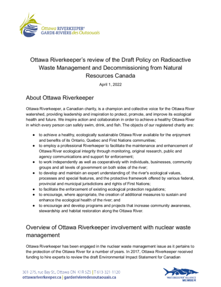 Ottawa Riverkeeper’s review of the Draft Policy on Radioactive Waste Management and Decommissioning from Natural Resources Canada