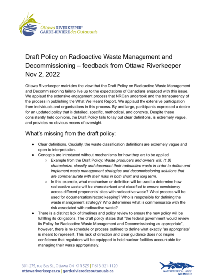 November 2 2022 – feedback on Draft Radioactive Waste Policy